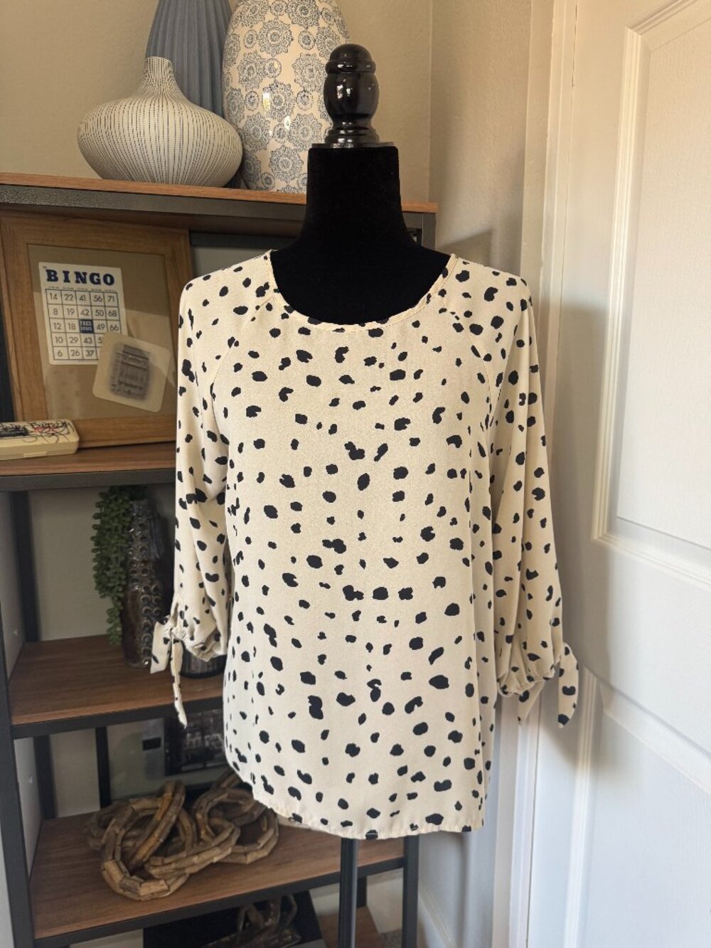 Papermoon Cream & Black "Animal" Print Blouse w/Tie Sleeve Detail - Size M